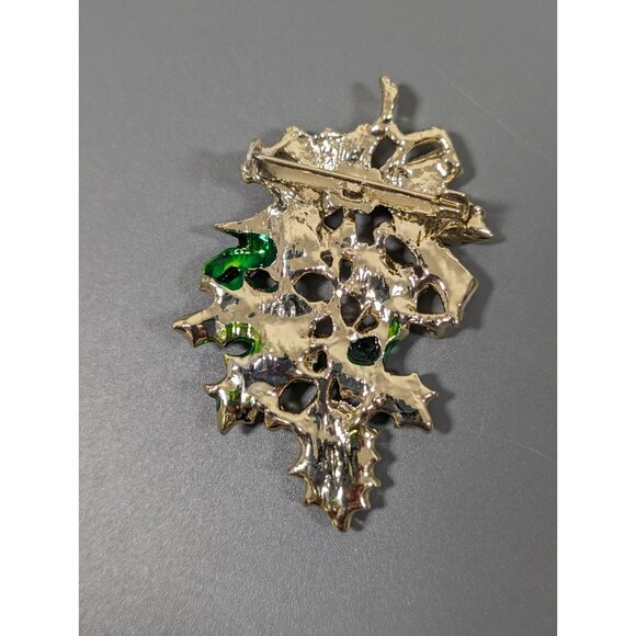 Vintage Christmas Mistletoe Green Leaf Bow Pin Brooch Gold Tone - Picture 4 of 7